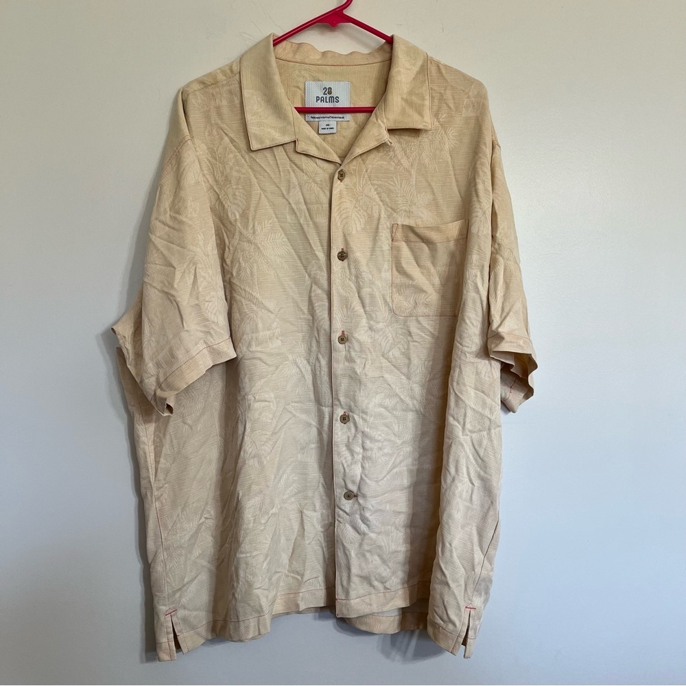 Men's 28 Palms 100% Silk Button Down Hawaiian Print‎ Shirt Peach Color Size 2XL